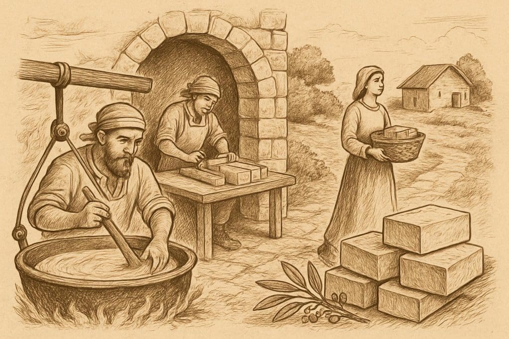 Illustration représentant la fabrication traditionnelle du savon végétal par la méthode à chaud, comme pratiqué dans l’antiquité grecque.