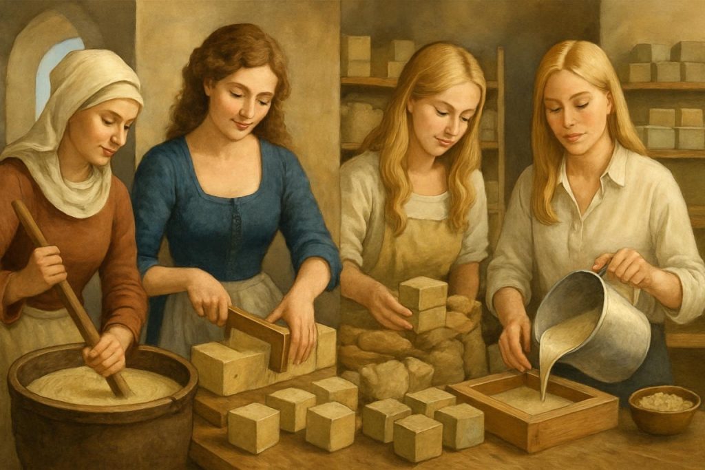 Quatre femmes fabriquant du savon selon la méthode traditionnelle, observant et mélangeant les ingrédients au fil du temps dans un atelier artisanal.