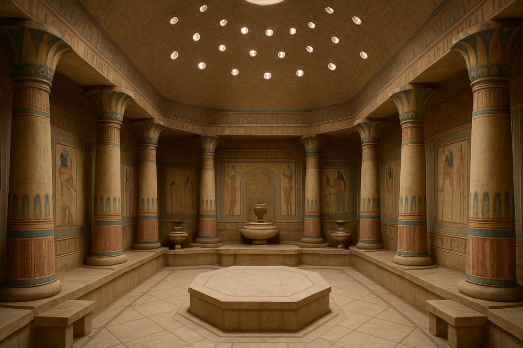 Intérieur d’un hammam pharaonique vide, aux murs ornés de motifs dorés et de colonnes inspirées de l’Égypte antique, éclairé par une lumière tamisée et des reflets de marbre.