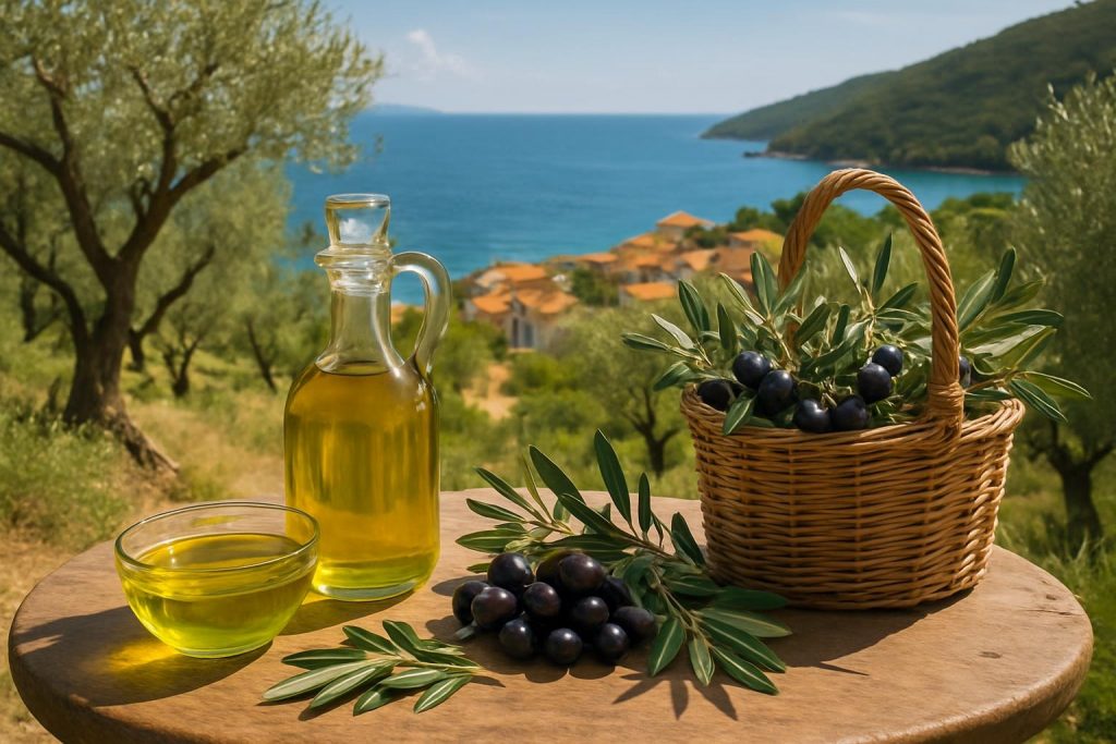 table en bois rustique avec des olives vertes, un bol d’huile d’olive et une vue sur l’île de Vis en Croatie