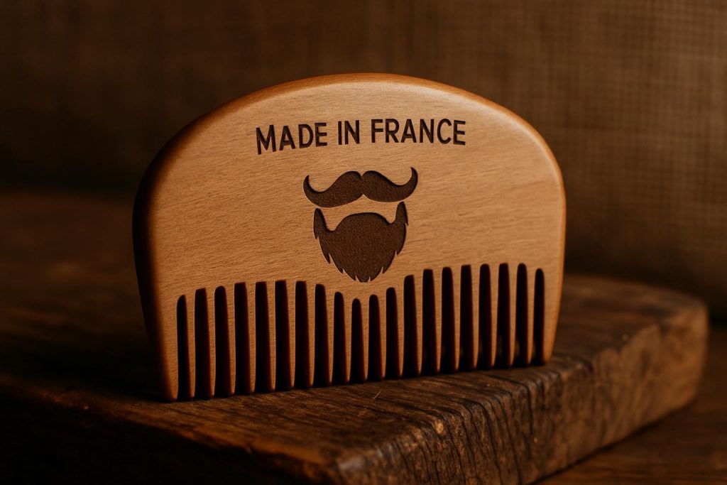 Peigne barbe & moustache en bois fabriqué en France, accessoire de soin masculin élégant.