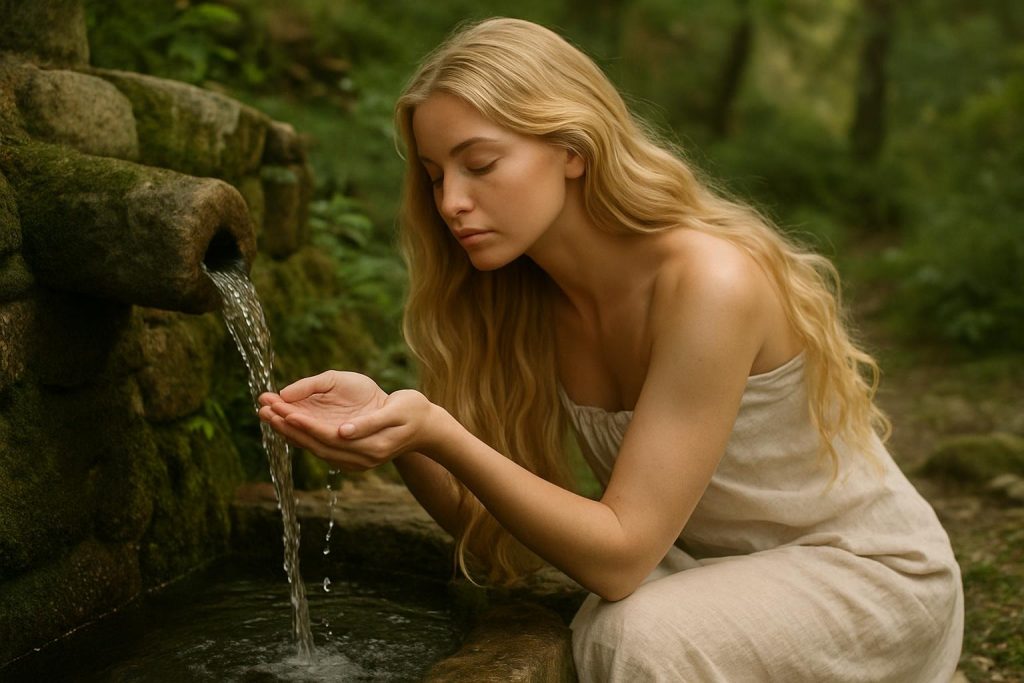 une jolie femme recueillant de l'eau de source entre ses mains dans un cadre naturel, capturant la pureté et la sérénité de l'instant.