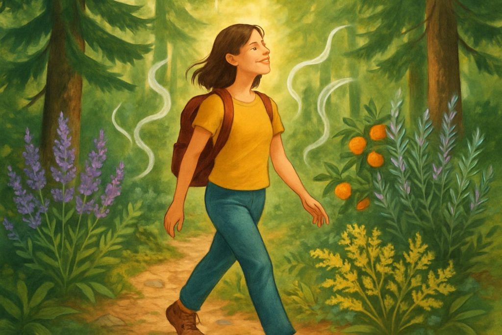 Dessin d'une femme marchant dans une forêt aromatique, admirant la nature et les plantes, ambiance poétique et apaisante.