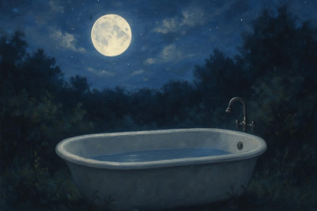 Un bagno illuminé par la lune pour un bain lunaire, ambiance mystique et relaxante sous la lumière argentée de la nuit.