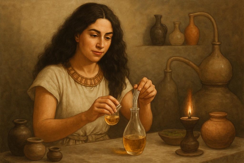 Une femme dans un atelier ancien fabriquant du parfum, représentant Tapputi, la première parfumeuse de l’histoire mésopotamienne.