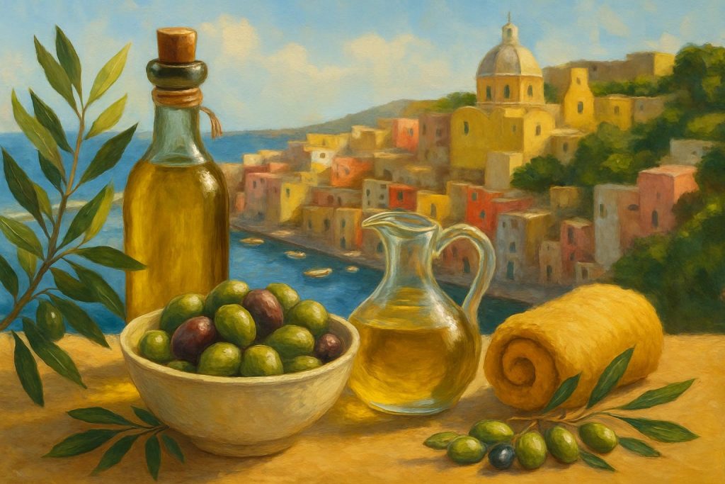 table élégante avec huile d’olive, bol d’olives et serviette face à l’île italienne de Procida