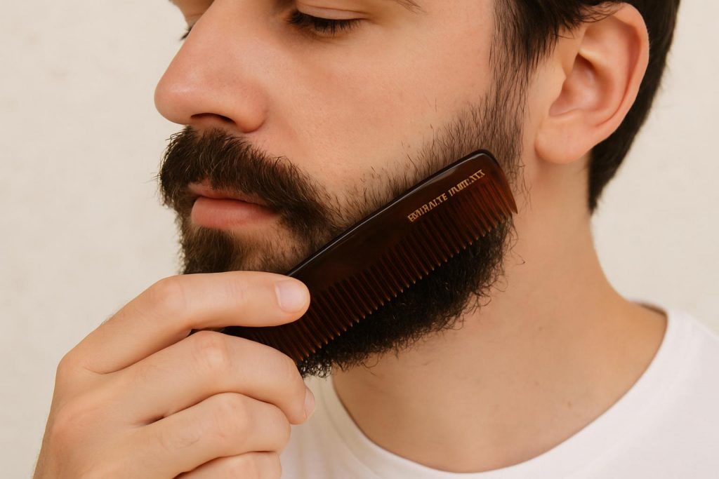 Un homme qui peigne sa barbe avec soin, symbole d’élégance et de routine masculine.