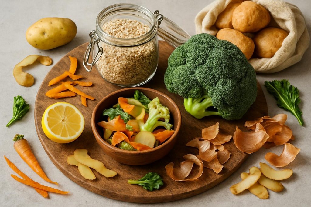 Légumes, fruits et épluchures illustrant la réduction du gaspillage alimentaire et la démarche zéro déchet.