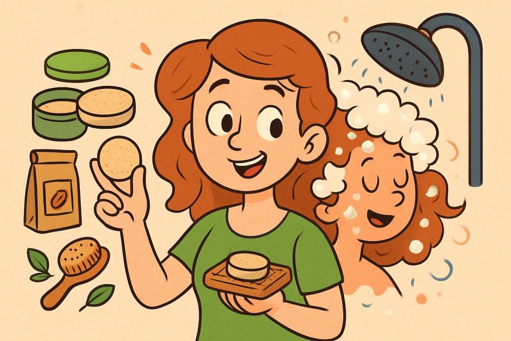 Dessin cartoon d’une jeune femme choisissant un shampoing solide pour laver ses cheveux, adoptant un geste zéro déchet et écoresponsable.