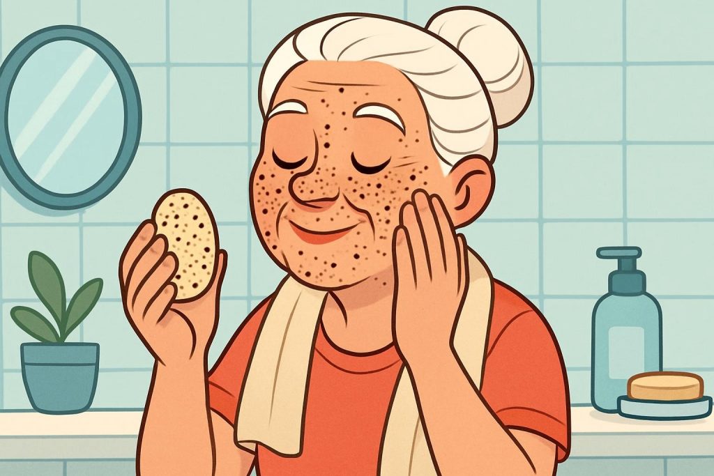 Dessin cartoon d’une femme adulte utilisant un gommage solide pour le visage, avec les petits grains exfoliants visibles sur sa peau, adoptant une démarche zéro déchet et écoresponsable.