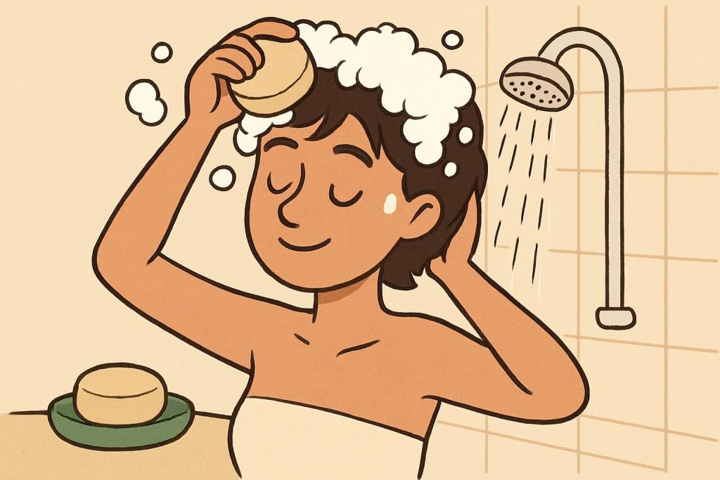 Dessin cartoon d’une jeune femme utilisant un lavant 3 en 1 sous la douche pour laver son corps, son visage et ses cheveux.