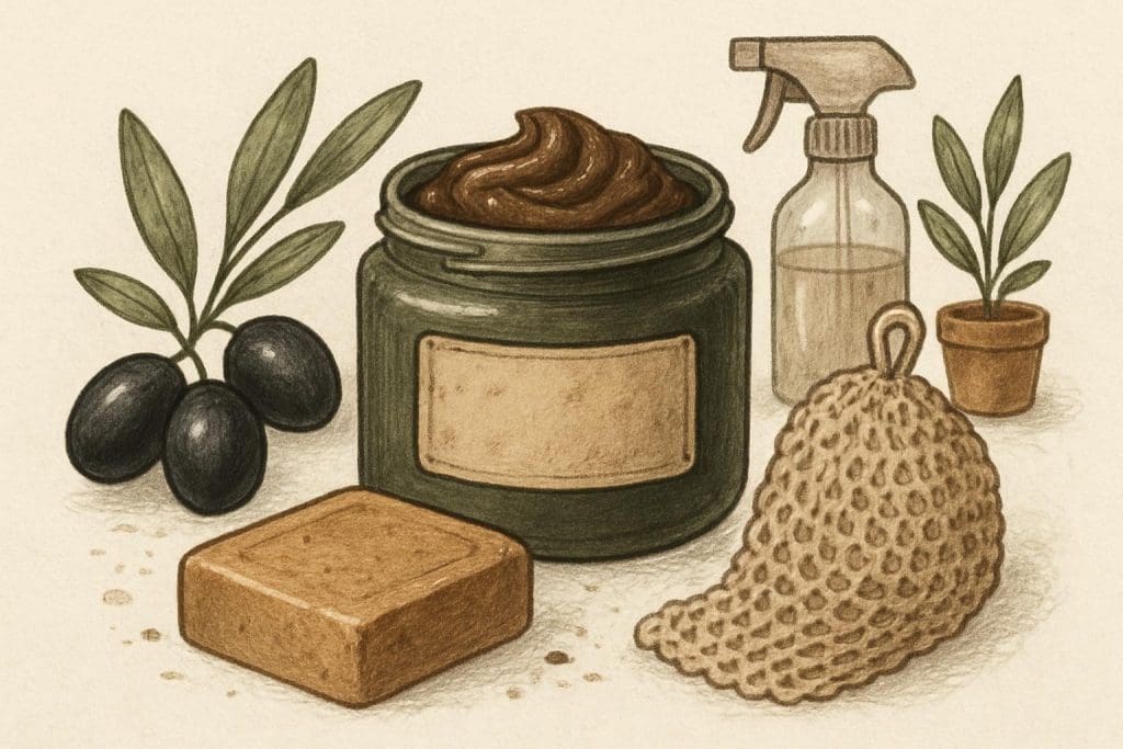 Illustration d’un savon noir à base d’huile d’olive, présenté avec un savon végétal et un gant de gommage. L’ensemble symbolise l’utilisation traditionnelle du savon noir pour le gommage du corps au hammam ainsi que son usage ménager naturel pour le nettoyage.