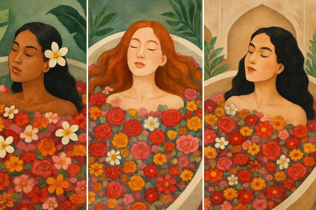 Illustration de trois femmes se baignant dans des bains de fleurs, représentant respectivement les rituels floraux traditionnels d’Asie, de France, et du Maroc, symbolisant la diversité et la richesse des soins corporels à travers ces cultures.