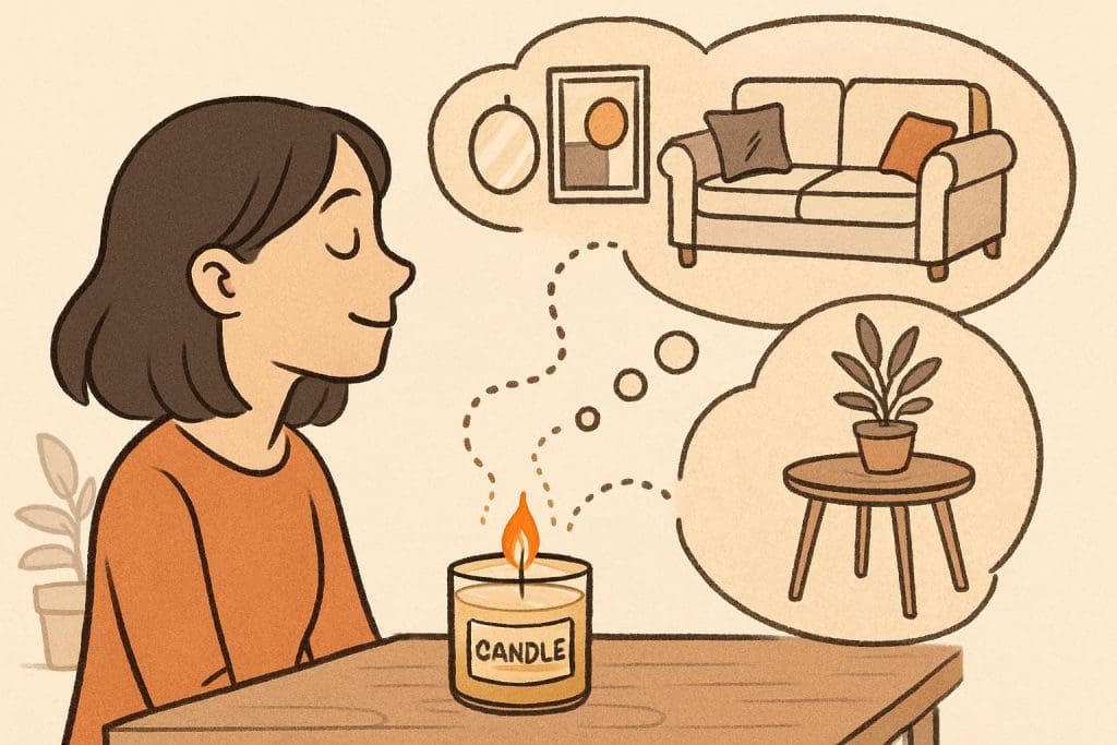Illustration d’une jeune femme profitant d’une ambiance apaisante créée par une bougie parfumée, imaginant l’harmonie parfaite entre la bougie et la décoration de son salon.