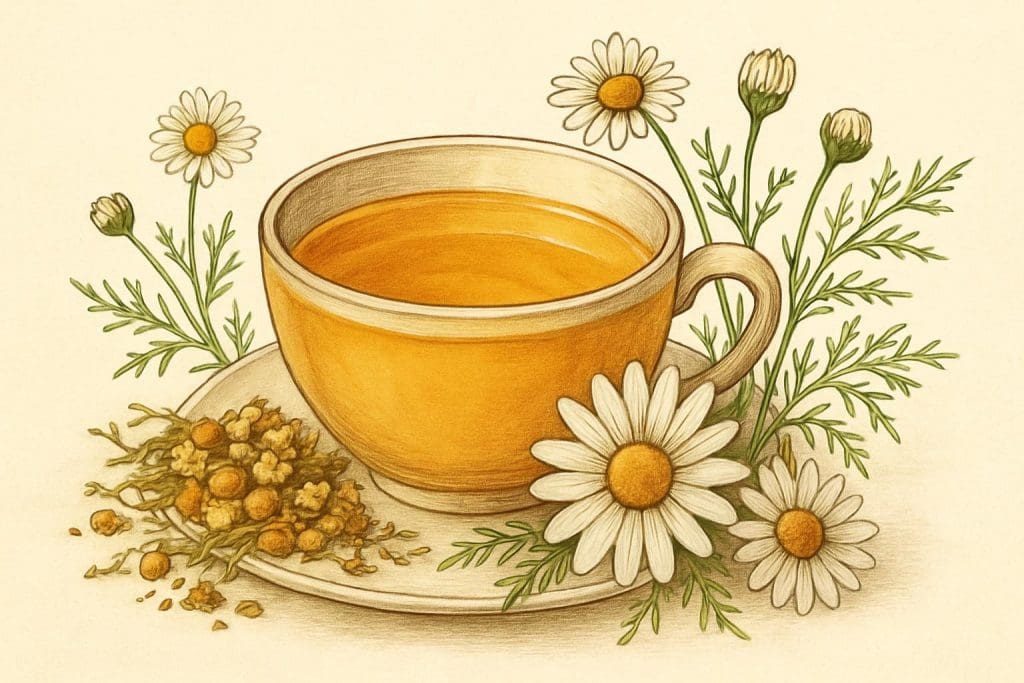 Dessin d’une tasse de tisane de camomille entourée de fleurs de camomille fraîches et séchées, symbolisant une boisson apaisante et naturelle pour favoriser la relaxation et le bien-être.