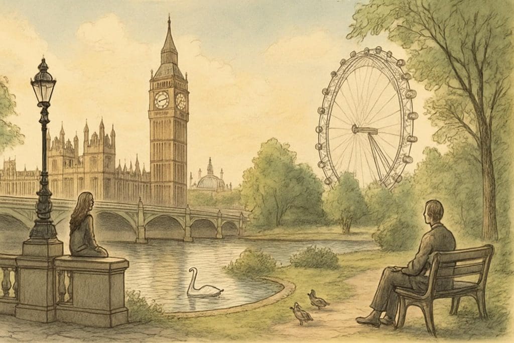 Dessin de Londres représentant plusieurs monuments emblématiques tels que Big Ben, Hyde Park et d’autres symboles architecturaux, illustrant l’élégance et l’histoire de la capitale britannique.