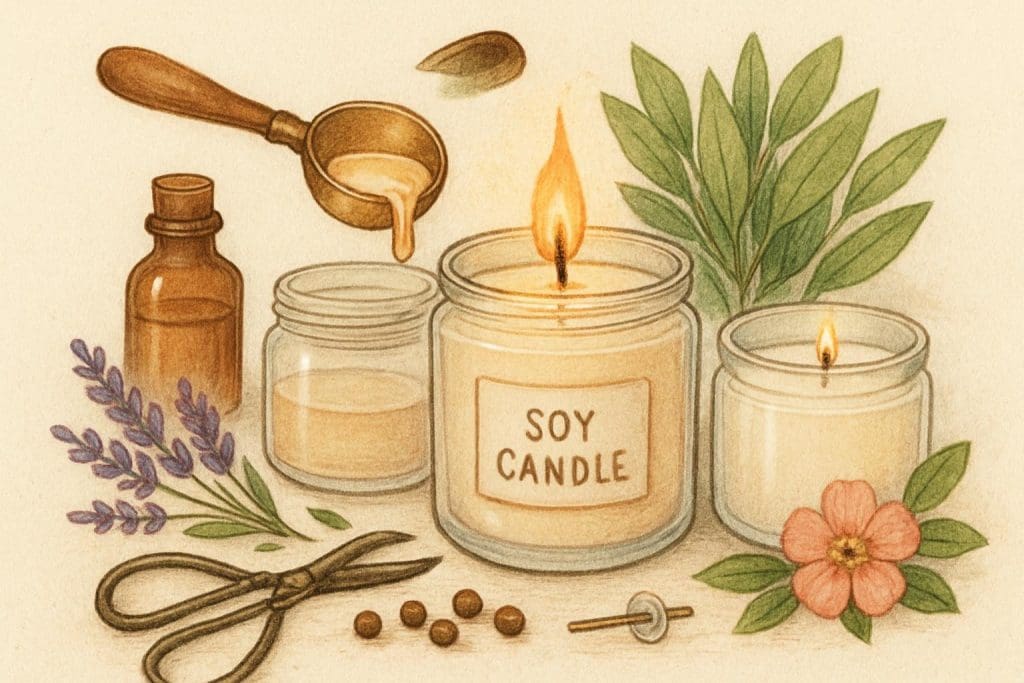 Dessin d’une bougie parfumée réalisée à partir de cire de soja, montrant la cire fondue qui coule à chaud depuis le haut de la bougie, avec un style de croquis naturel et moderne.