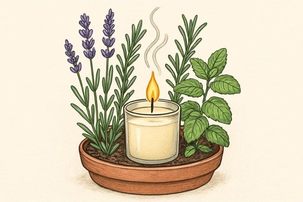 Illustration d’une bougie parfumée allumée, entourée de plantes aromatiques fraîches comme la menthe, le thym et la lavande. Le dessin met en valeur une ambiance naturelle, apaisante et végétale.