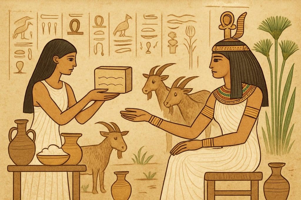 Illustration d’une femme pharaon offrant un très grand savon solide au lait de chèvre bio à une reine égyptienne, avec sur une table du fromage de chèvre et des jarres en argile, tandis que trois chèvres à droite symbolisent la valeur sacrée du lait de chèvre dans l’Égypte antique.