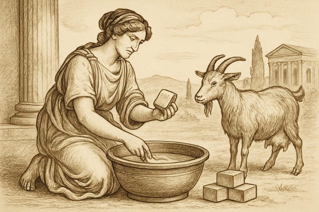 Illustration d’une dame romaine de l’Antiquité utilisant du lait de chèvre pour ses soins de beauté, entourée de grandes barres de savon et d’une chèvre, représentant la tradition romaine du lait de chèvre comme ingrédient cosmétique.