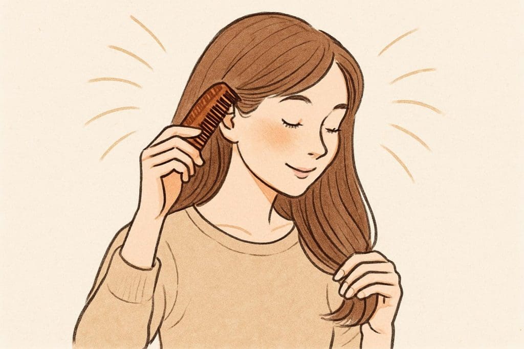 Dessin d’une jeune femme en train de peigner ses cheveux avec un petit peigne, illustrant un geste de bien-être quotidien et l’usage d’un peigne compact pour sac.