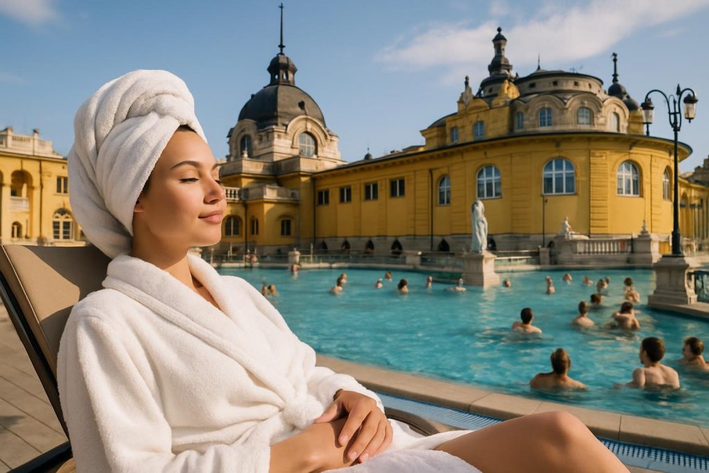 Femme relaxant sur une chaise après un bain thermal luxueux à Budapest, tandis que d’autres personnes continuent de profiter du spa en journée.