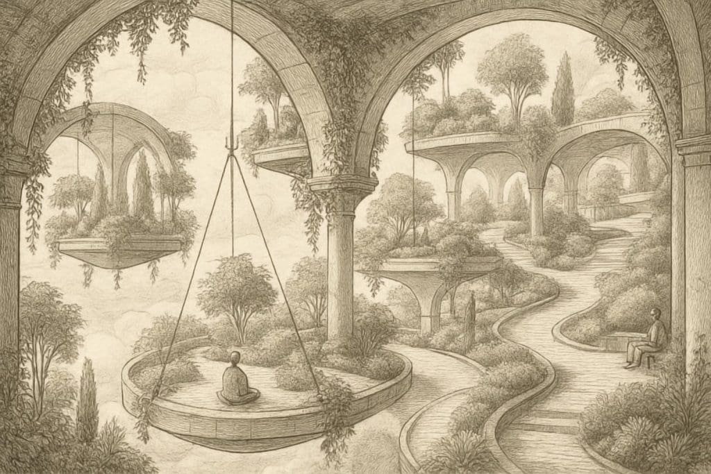 Dessin inspiré des jardins suspendus, montrant une végétation luxuriante en hauteur, symbole de détente et de bien-être.