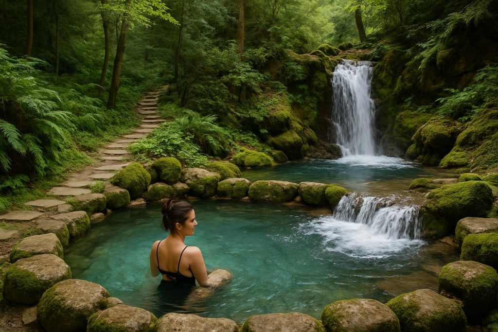 Femme profitant d’un spa naturel en plein air, entourée de végétation luxuriante et d’eaux cristallines, en pleine détente.