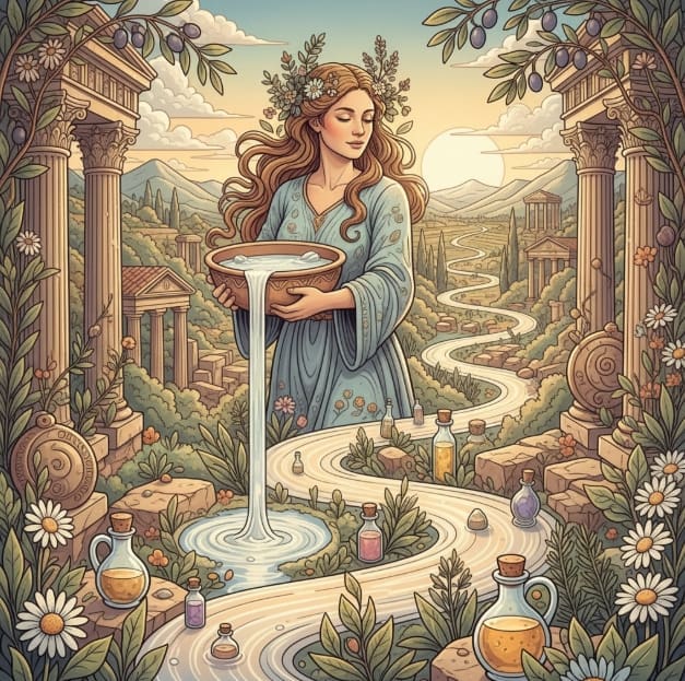 Femme tenant un grand plat de lait dont le lait s’écoule, entourée de nature et de soins naturels, symbole de pureté et de bien-être