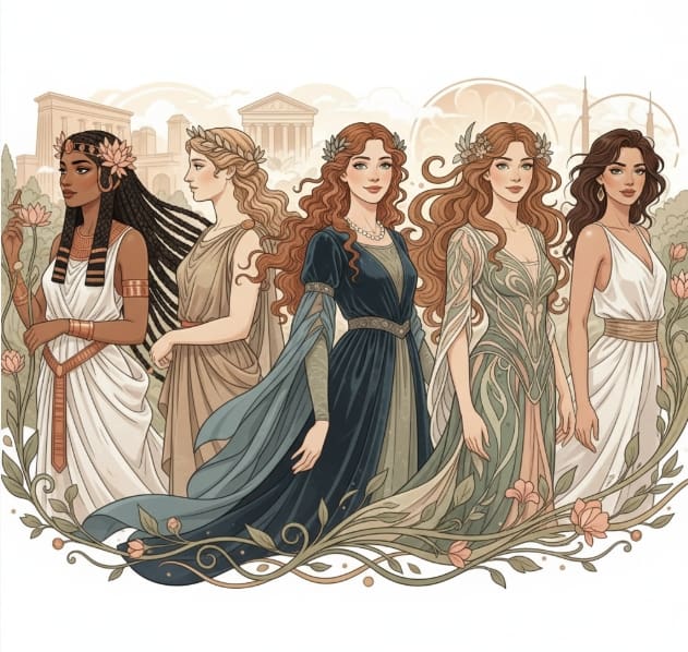 Illustration artistique représentant cinq femmes de différentes époques, de l’Antiquité à nos jours, mettant en avant la beauté naturelle. Quatre d’entre elles portent des fleurs sur la tête, symbolisant les soins naturels et l’harmonie avec la nature.