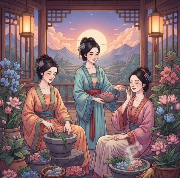 Trois femmes de la Chine ancienne préparant des recettes de soins naturels et en appliquant sur l’une d’elles