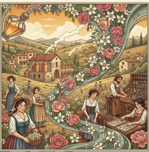 Illustration de la capitale mondiale du parfum, Grasse, ses champs et la culture de la civilisation des odeurs