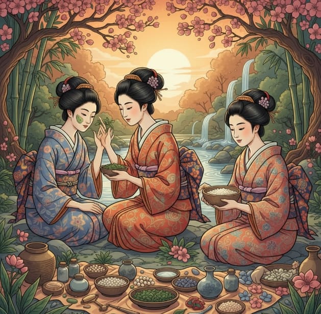 Trois femmes japonaises de l’ancien Japon préparant des soins naturels et en appliquant sur l’une d’elles