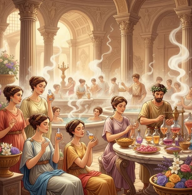 Hommes et femmes créant des parfums et profitant des bienfaits des bains thermaux dans la Rome antique