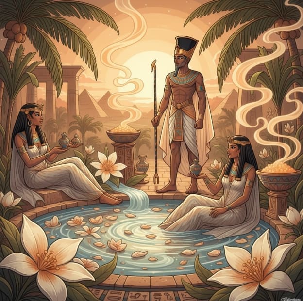 Homme pharaon et deux femmes pharaonnes entourés de soins naturels, de senteurs de parfums et de jasmin, les pieds dans un bain de fleurs