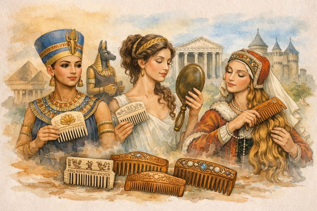 Illustration aquarelle représentant les origines du peigne à cheveux : une reine égyptienne tenant un peigne d’ivoire sculpté, une femme grecque contemplant son reflet avec un peigne en os, et une noble médiévale coiffant ses cheveux avec un peigne en bois orné. En arrière‑plan, pyramides, temple antique et château médiéval symbolisent la transmission du geste de beauté à travers les civilisations.