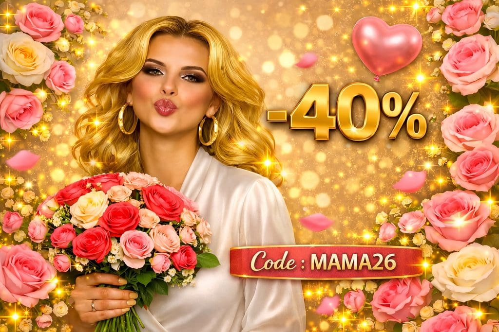 Fête des Mères ANITA & ZAHA : visuel élégant avec une femme blonde tenant un bouquet fleuri, décor doré et texte “Là où naissent les gestes d’amour 💛”, –40% et code MAMA26.