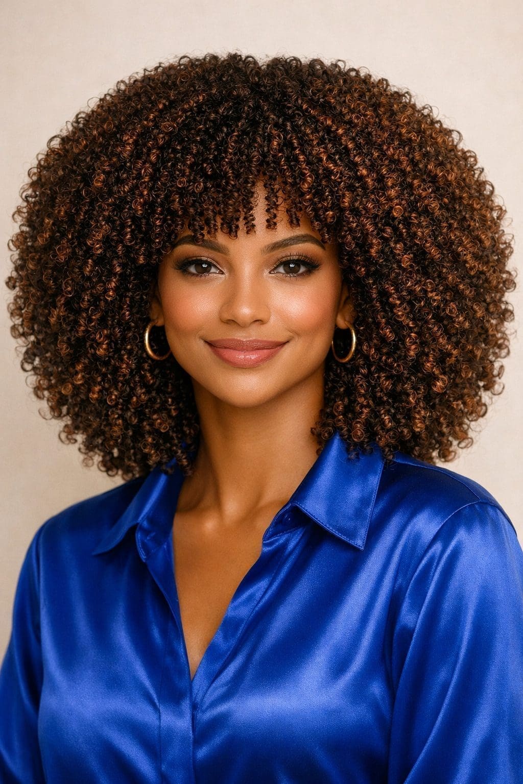Mannequin métisse africaine brune, vue de face, cheveux très frisés afro serrés, portant une chemise bleu royal satinée et souriant légèrement.