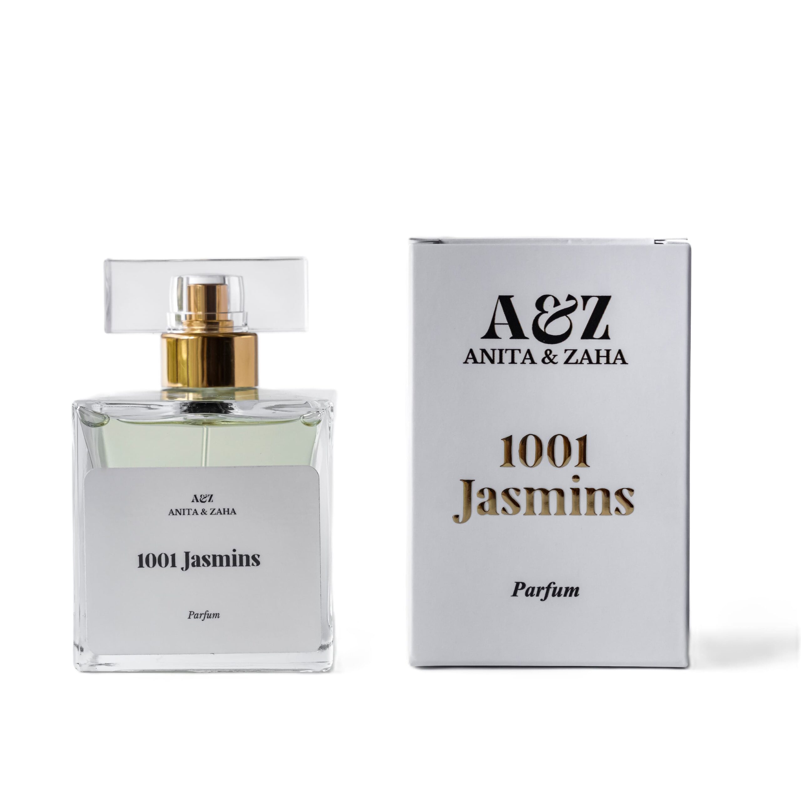 Flacon du parfum 1001 Jasmins posé à côté de son étui, mettant en avant un packaging élégant et l’univers olfactif fruité et boisé qui définit cette signature parfumée chaleureuse.