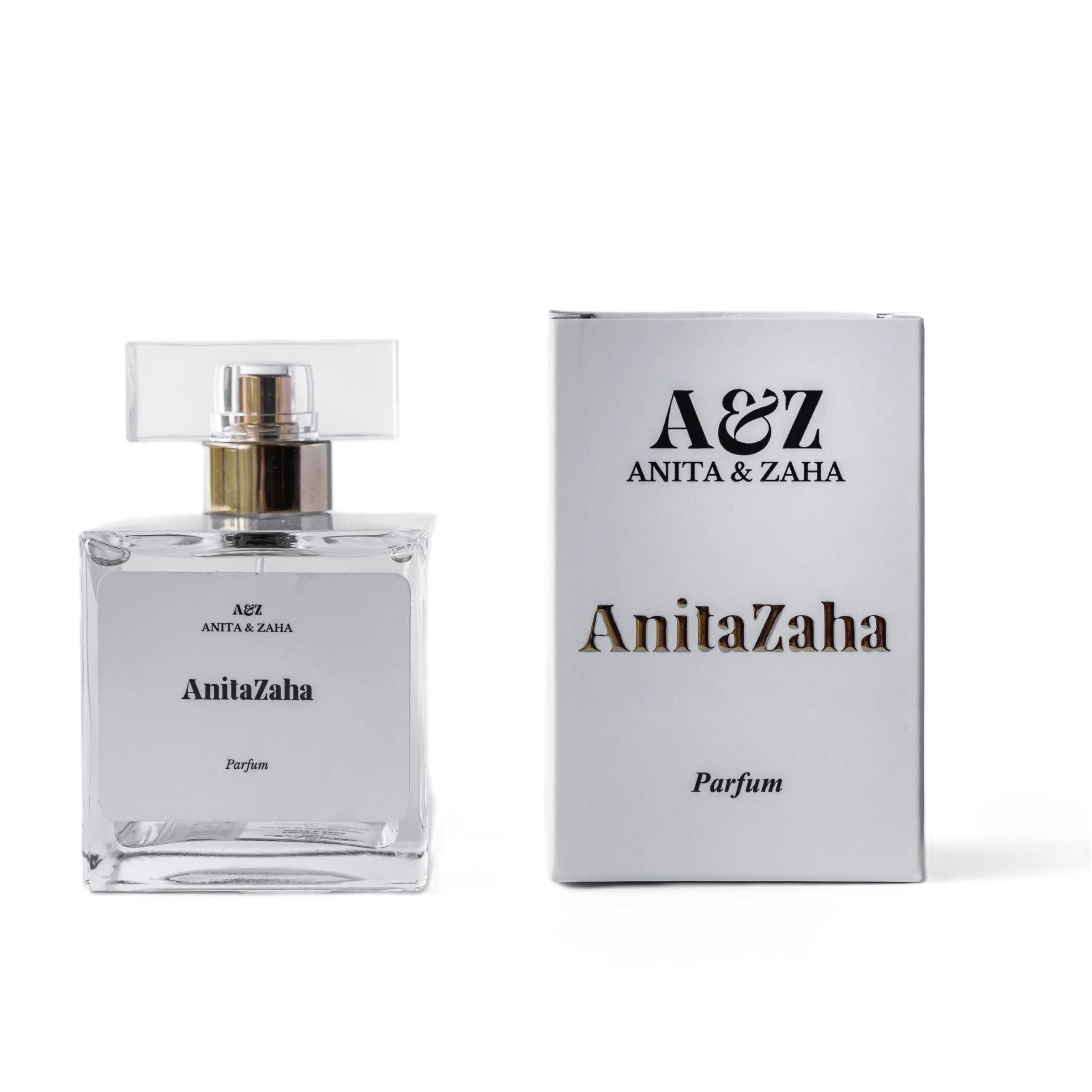 Flacon 100 ml du parfum ANITAZAHA présenté à côté de son étui assorti, offrant une mise en scène élégante et harmonieuse du parfum et de son packaging.