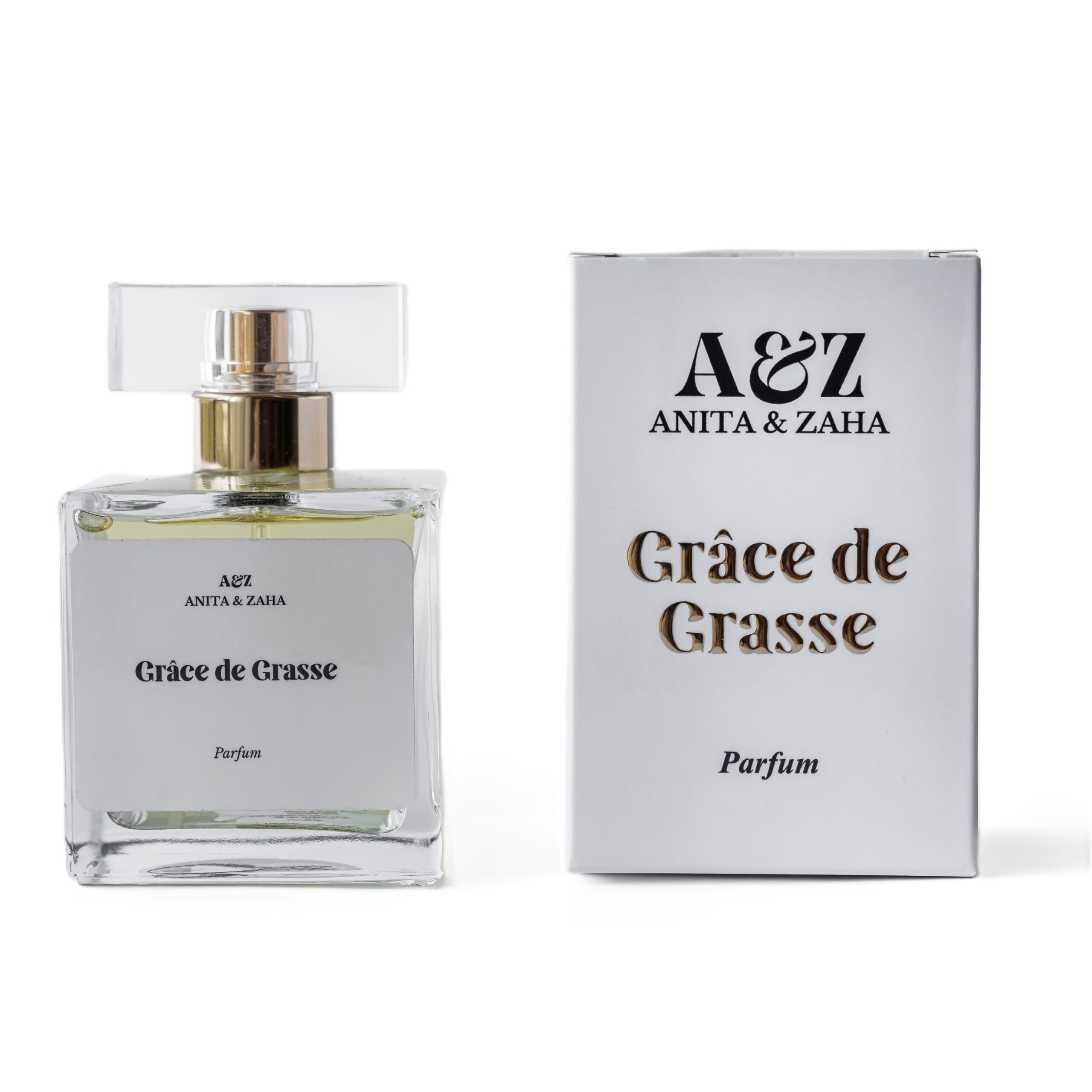 Flacon 100 ml du parfum Grâce de Grasse posé à côté de son étui assorti, mettant en valeur une présentation raffinée et harmonieuse.