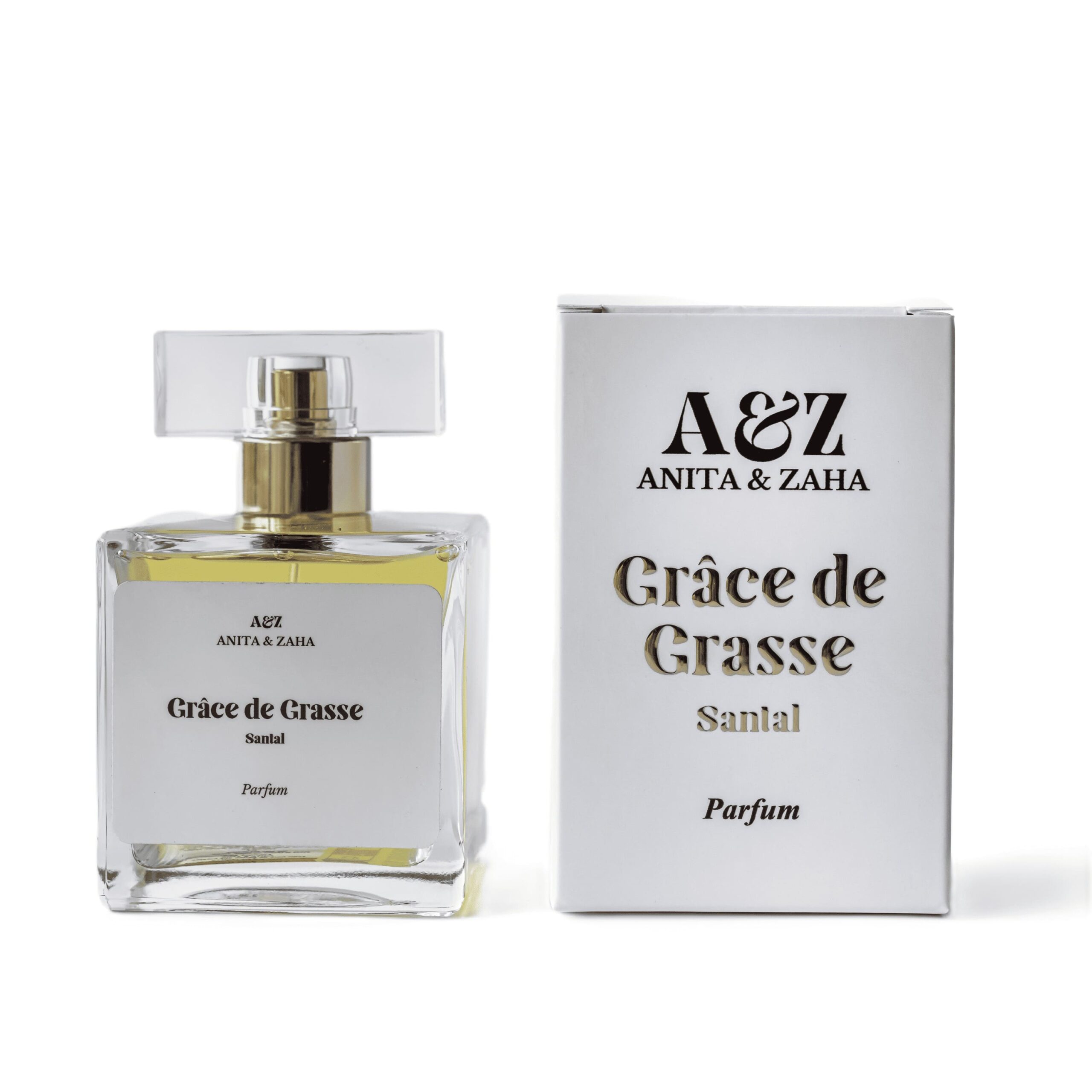 Flacon 100 ml du parfum Grâce de Grasse Santal présenté à côté de son étui assorti, offrant une mise en scène raffinée qui souligne la signature boisée du parfum.